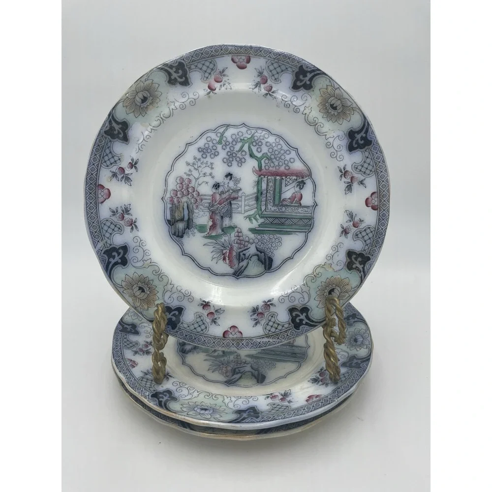 3 pc Antique P. Regout Canton Chinese Pattern Polychrome Transferware Plates